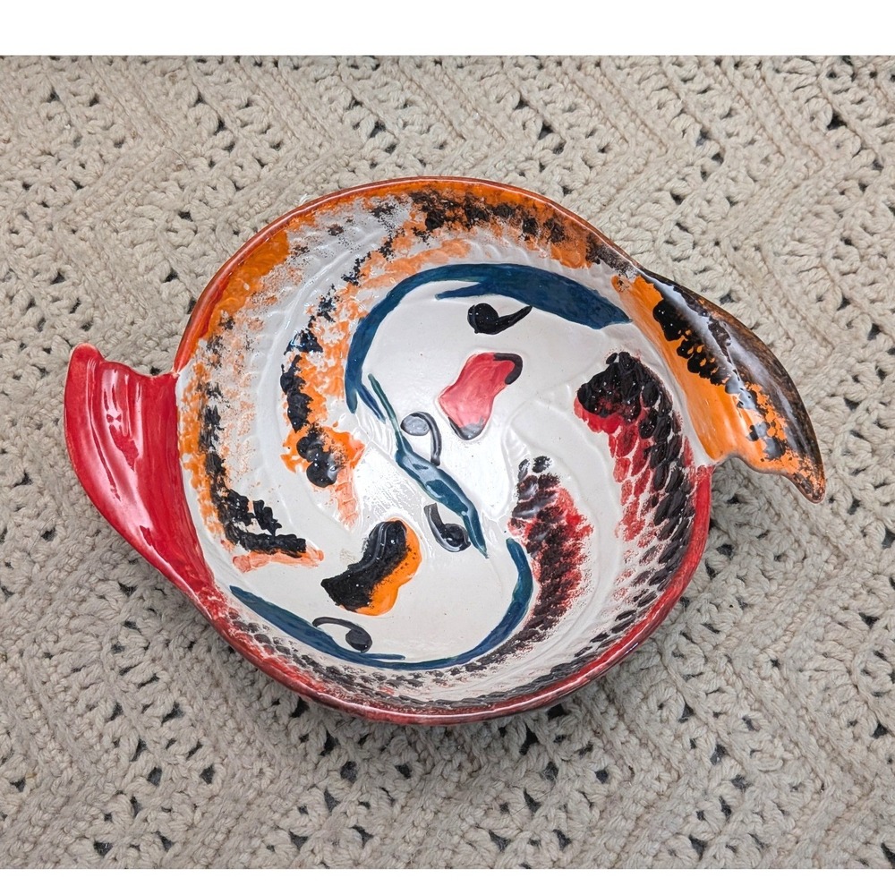 Vintage Hand Painted Ceramic Koi Fish Bowl Red Orange Green 10.5 Inch